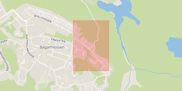Karta som med röd fyrkant ramar in Bagarmossen, Ljusnevägen, Stockholm, Stockholms län