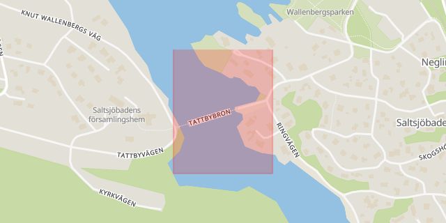 Karta som med röd fyrkant ramar in Tattbybron, Nacka, Stockholms län