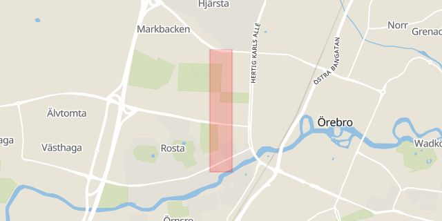 Karta som med röd fyrkant ramar in Älvtomtagatan, Örebro, Örebro län