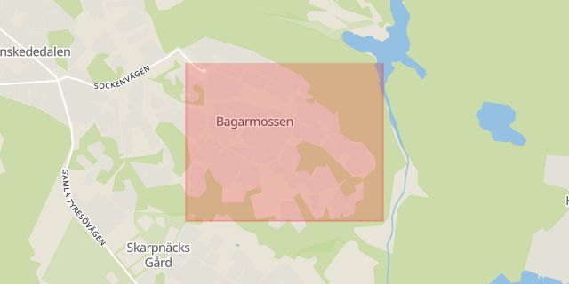 Karta som med röd fyrkant ramar in Rusthållarvägen, Bagarmossen, Stockholm, Stockholms län