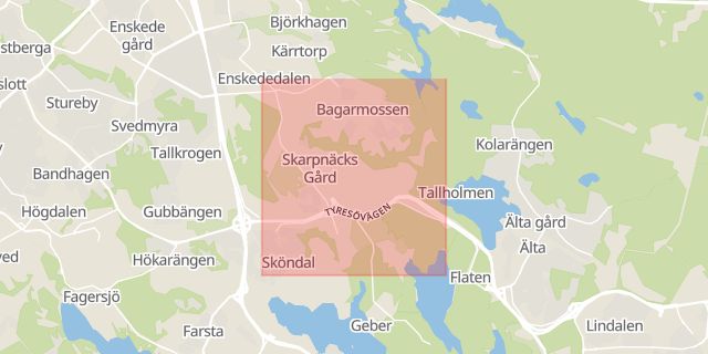 Karta som med röd fyrkant ramar in Skarpnäcks Gård, Stockholm, Stockholms län