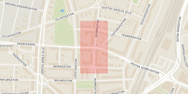 Karta som med röd fyrkant ramar in Norrgatan, Västra Nobelgatan, Örebro, Örebro län