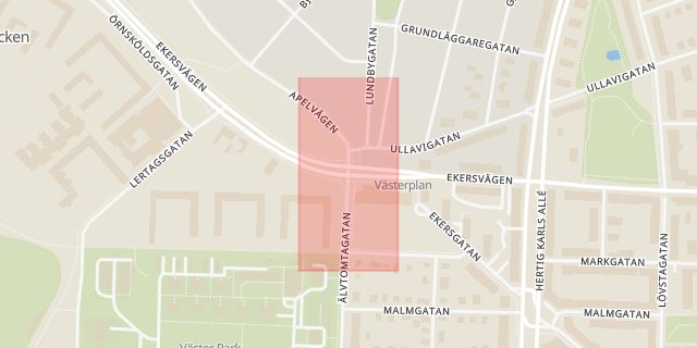 Karta som med röd fyrkant ramar in Västra Nobelgatan, Älvtomtagatan, Örebro, Örebro län