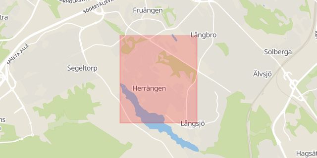 Karta som med röd fyrkant ramar in Herrängen, Älvsjö, Stockholm, Stockholms län