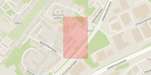 Karta som med röd fyrkant ramar in Sätra Torg, Stockholm, Stockholms län