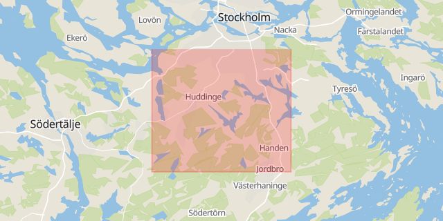 Karta som med röd fyrkant ramar in Huddinge, Ulvsunda, Stockholms län