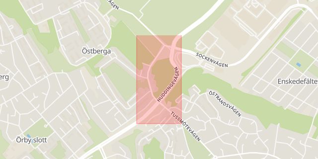 Karta som med röd fyrkant ramar in Huddingevägen, Östberga, Stockholm, Stockholms län