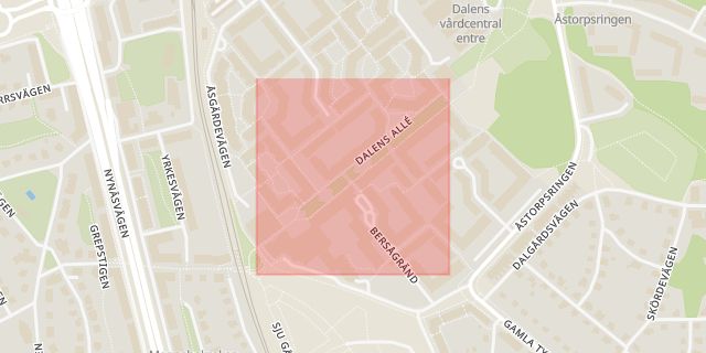 Karta som med röd fyrkant ramar in Dalens Allé, Enskededalen, Stockholm, Stockholms län