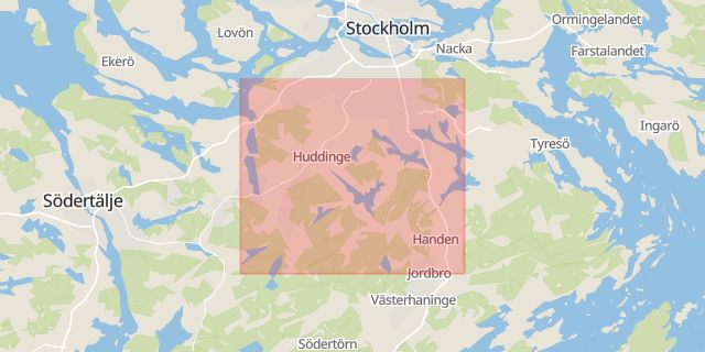 Karta som med röd fyrkant ramar in Huddinge Kommun, Huddinge, Stockholms län