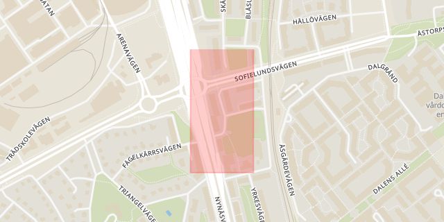 Karta som med röd fyrkant ramar in Glasmålarvägen, Gamla Enskede, Vårby, Högsta, Nynäsvägen, Folkungagatan, Södermalm, Länna, Runstensvägen, Haninge, Hornsgatan, Stockholms län