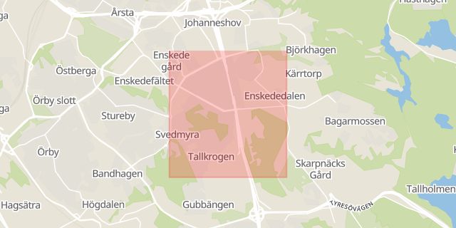 Karta som med röd fyrkant ramar in Gamla Enskede, Stockholms län