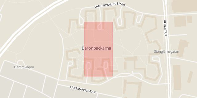 Karta som med röd fyrkant ramar in Baronbackarna, Örebro, Örebro län