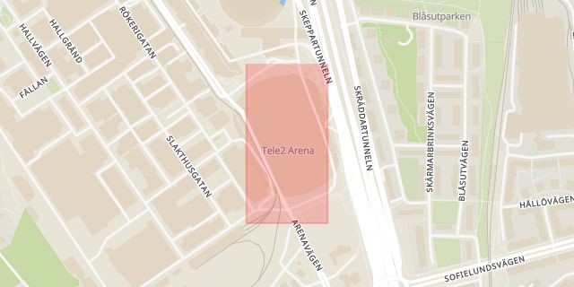 Karta som med röd fyrkant ramar in Tele2, Arena, Stockholm, Stockholms län