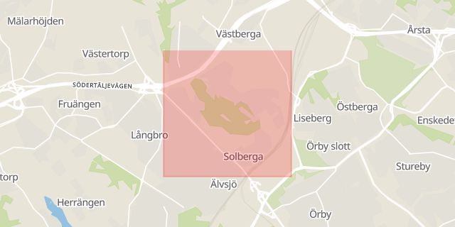 Karta som med röd fyrkant ramar in Solberga, Älvsjö, Stockholm, Stockholms län