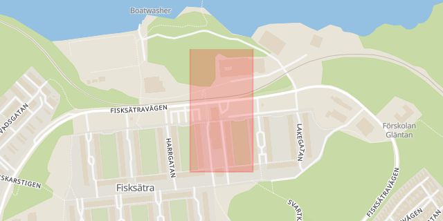 Karta som med röd fyrkant ramar in Fisksätra, Fisksätra Torg, Nacka, Stockholms län