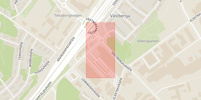 Karta som med röd fyrkant ramar in Västberga, Systembolaget, Stockholm, Stockholms län