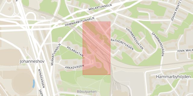 Karta som med röd fyrkant ramar in Skärmarbrink, Johanneshov, Stockholm, Stockholms län