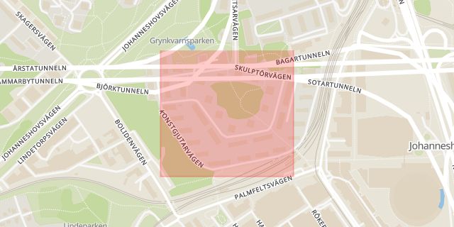 Karta som med röd fyrkant ramar in Bildhuggarvägen, Stockholm, Stockholms län