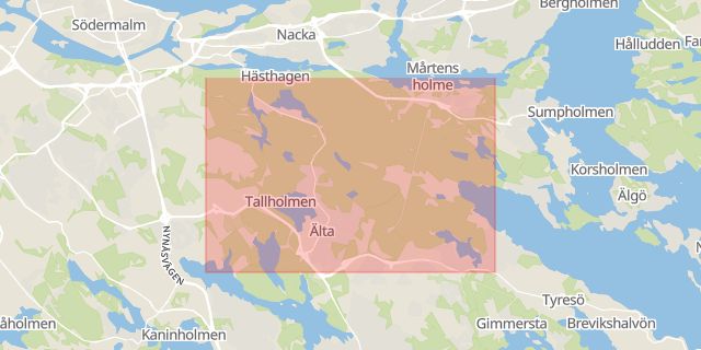 Karta som med röd fyrkant ramar in Älta, Nacka, Stockholms län