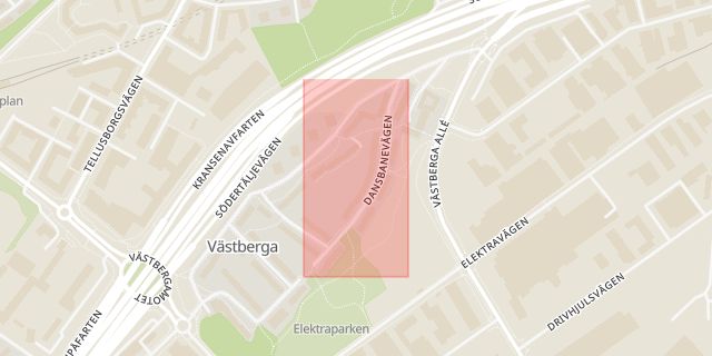 Karta som med röd fyrkant ramar in Dansbanevägen, Södertälje, Stockholms län
