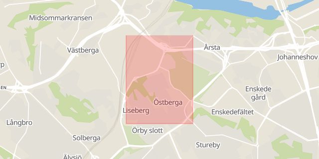 Karta som med röd fyrkant ramar in Östberga, Årstafältet, Stockholm, Stockholms län