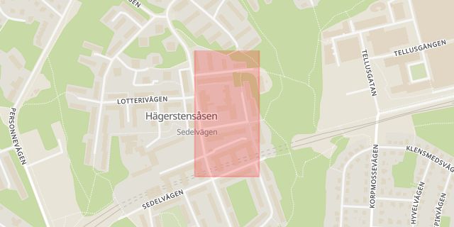 Karta som med röd fyrkant ramar in Riksdalervägen, Hägerstensåsen, Stockholm, Stockholms län