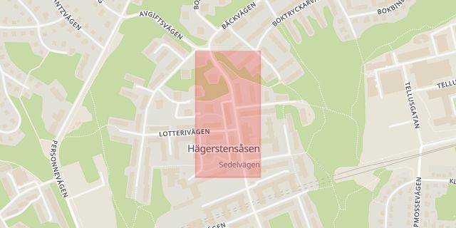 Karta som med röd fyrkant ramar in Sparbanksvägen, Hägerstensåsen, Spel, Stockholm, Stockholms län