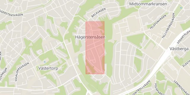 Karta som med röd fyrkant ramar in Sparbanksvägen, Hägerstensåsen, Stockholm, Stockholms län
