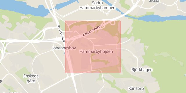 Karta som med röd fyrkant ramar in Hammarbyhöjden, Dalen, Kärrtorp, Björkhagen, Stockholm, Stockholms län