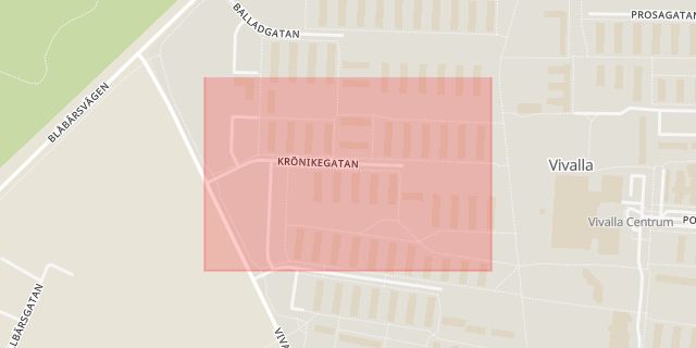Karta som med röd fyrkant ramar in Krönikegatan, Vivalla, Örebro, Örebro län