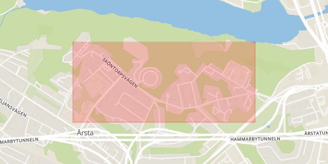 Karta som med röd fyrkant ramar in Årsta, Sköntorpsvägen, Stockholm, Stockholms län