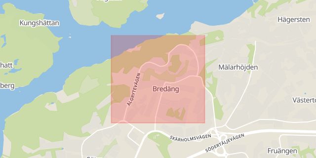 Karta som med röd fyrkant ramar in Bredäng, Ålgrytevägen, Stockholm, Stockholms län