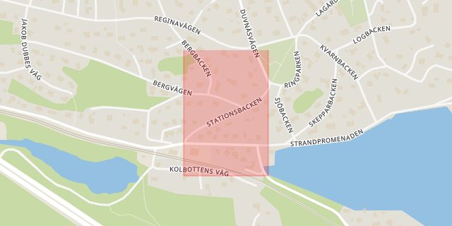 Karta som med röd fyrkant ramar in Stationsbacken, Duvnäs, Nacka, Stockholms län