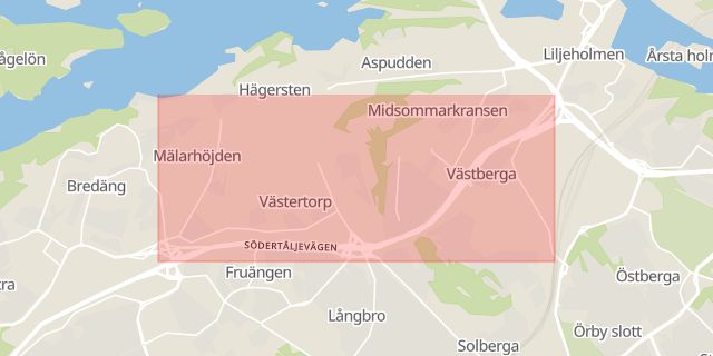 Karta som med röd fyrkant ramar in Södertäljevägen, Hägersten, Stockholm, Stockholms län