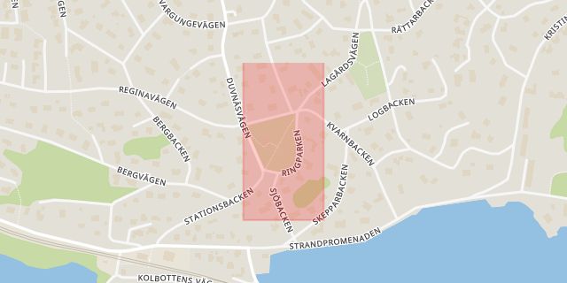 Karta som med röd fyrkant ramar in Duvnäs, Ringparken, Nacka, Stockholms län