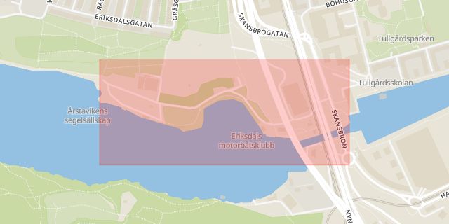 Karta som med röd fyrkant ramar in Årstaviken, Hammarby Slussväg, Stockholm, Stockholms län