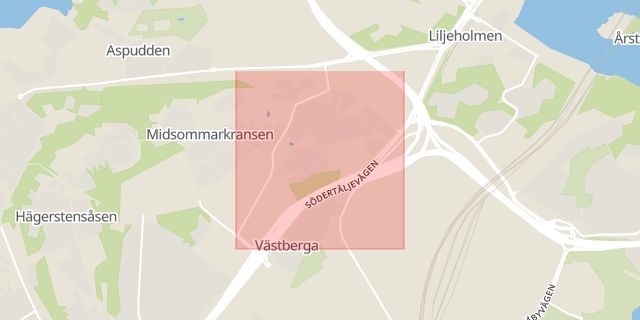 Karta som med röd fyrkant ramar in Västberga, Tellusborgsvägen, Stockholm, Stockholms län