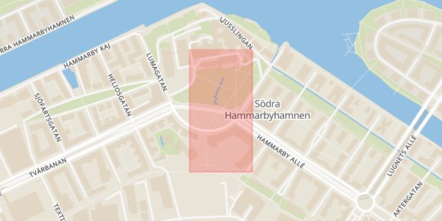Karta som med röd fyrkant ramar in Södra Hammarbyhamnen, Luma, Stockholm, Stockholms län