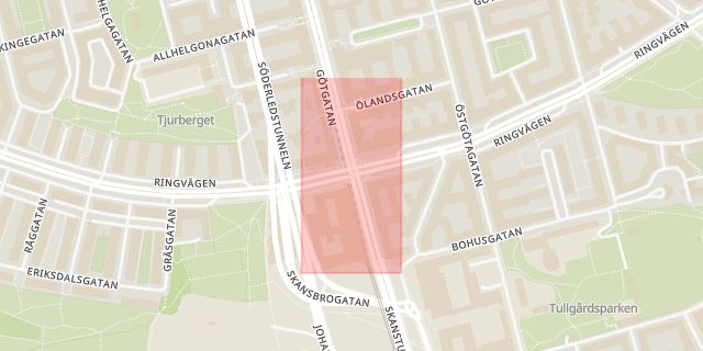 Karta som med röd fyrkant ramar in Södermalm, Götgatan, Ringvägen, Skanstull, Stockholm, Stockholms län