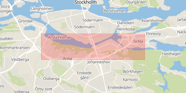 Karta som med röd fyrkant ramar in Essingeleden, Fredhällstunneln, Södra Länken, Stockholm, Stockholms län