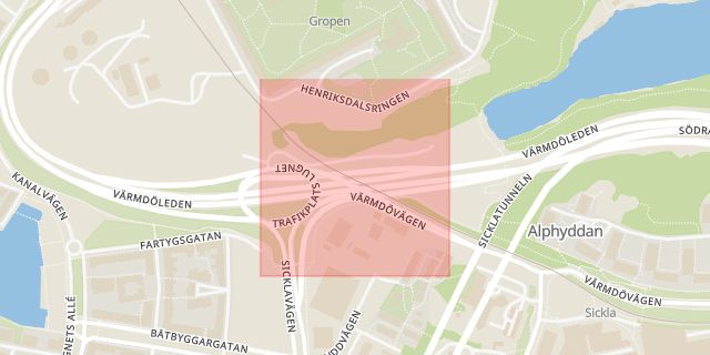 Karta som med röd fyrkant ramar in Värmdöleden, Sickla, Nacka, Stockholms län