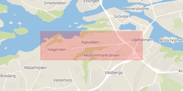 Karta som med röd fyrkant ramar in Midsommarkransen, Hägerstensvägen, Stockholm, Stockholms län