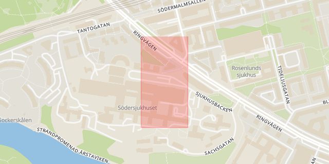 Karta som med röd fyrkant ramar in Södersjukhuset, Stockholm, Stockholms län