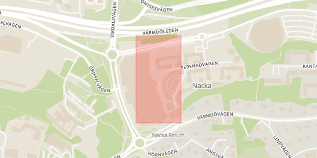 Karta som med röd fyrkant ramar in Nacka Forum, Nacka, Stockholms län