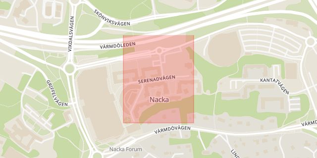 Karta som med röd fyrkant ramar in Serenadvägen, Nacka, Stockholms län