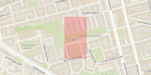 Karta som med röd fyrkant ramar in Rosenlundsparken, Stockholm, Stockholms län