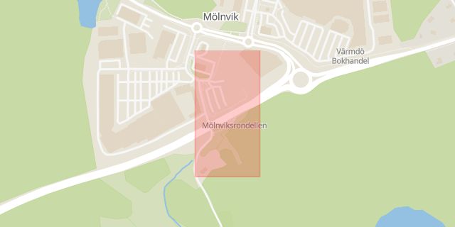 Karta som med röd fyrkant ramar in Mölnviksrondellen, Skärgårdsvägen, Värmdö, Stockholms län