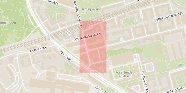 Karta som med röd fyrkant ramar in Södermalm, Magnus Ladulåsgatan, Johanneshov, Stockholm, Stockholms län