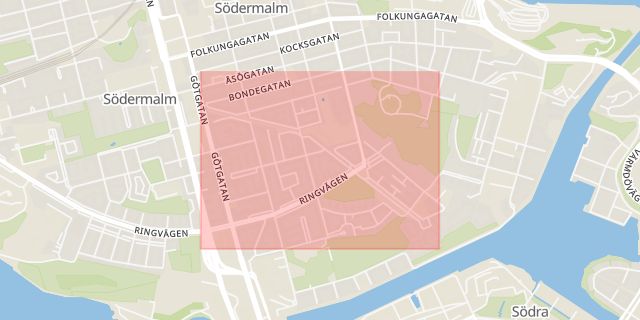 Karta som med röd fyrkant ramar in Södermalm, Katarina Bangata, Stockholm, Stockholms län