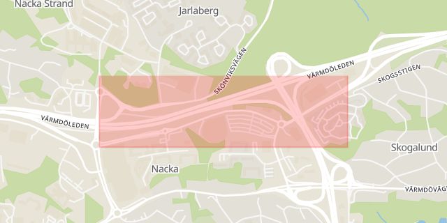 Karta som med röd fyrkant ramar in Skogalund, Skvaltans Väg, Nacka, Stockholms län